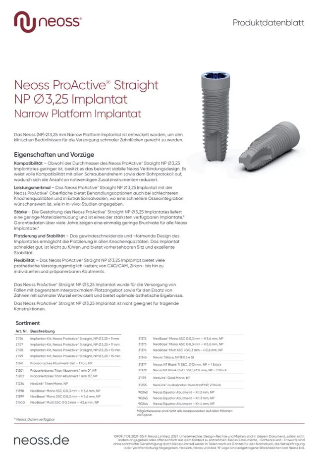 Product Sheet: Neoss ProActive® Straight NP ∅3.25 Implant