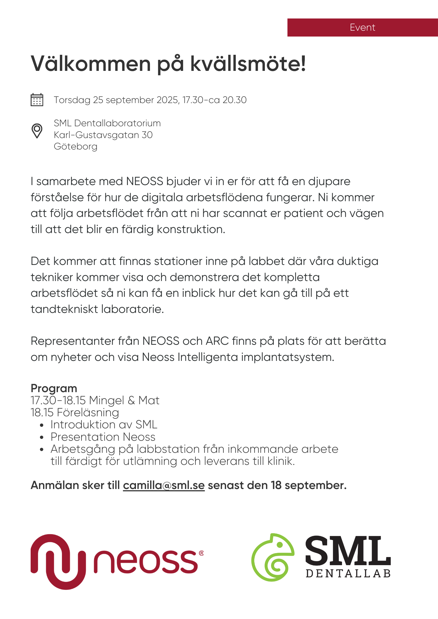 SML Dental lab i samarbete med Neoss: Välkommen på kvällsmöte!